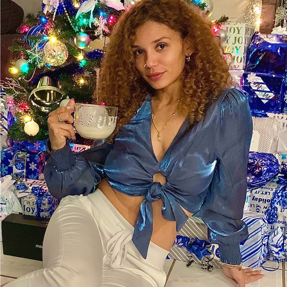 Shiny Blue Tie-Front Blouse